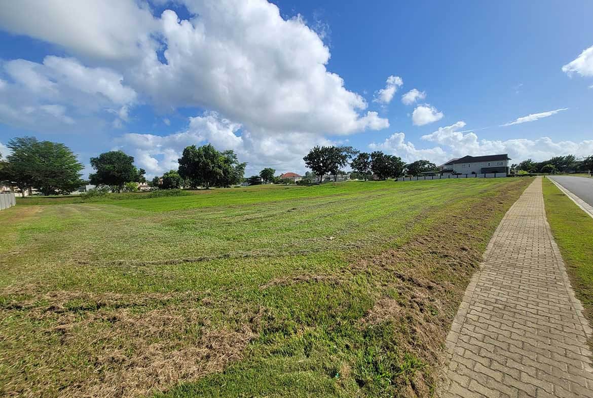 Cornerstone- Open green space at Villas at Millennium Lakes with trees and a paved walkway.