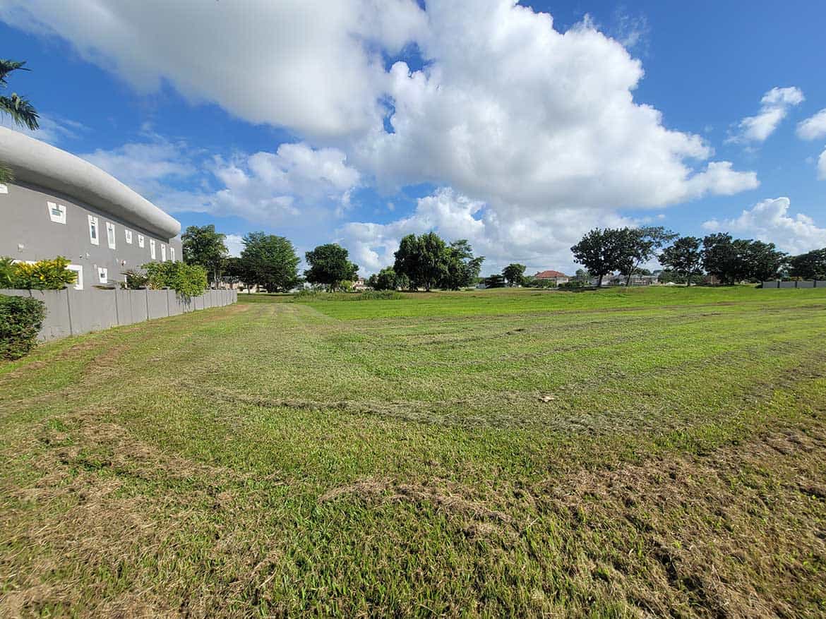 Spacious Lot at Villas at Millennium Lakes Cornerstone- Open grassy lot with trees and residential buildings in the background.