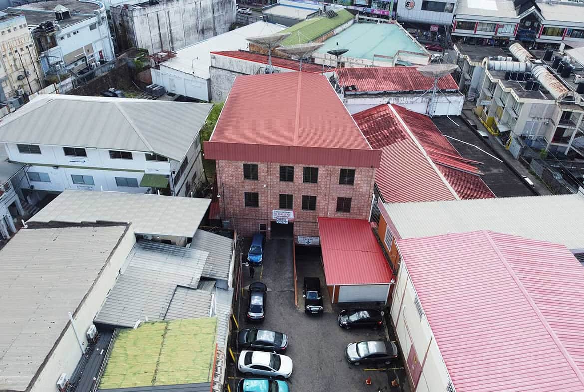 Cornerstone- Aerial view of Cornerstone™ building on St James Street with surrounding structures.