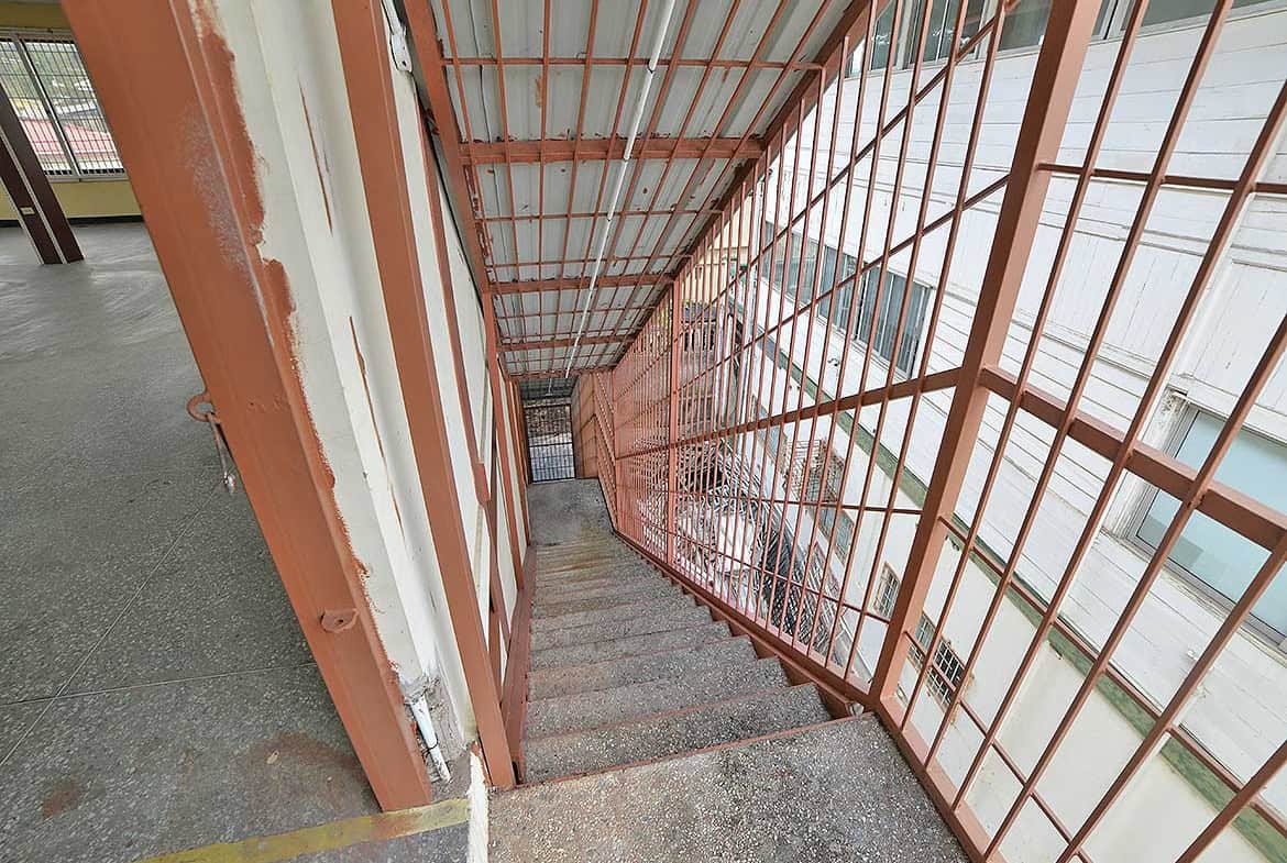 Cornerstone- Outdoor fire escape staircase on St James Street building.
