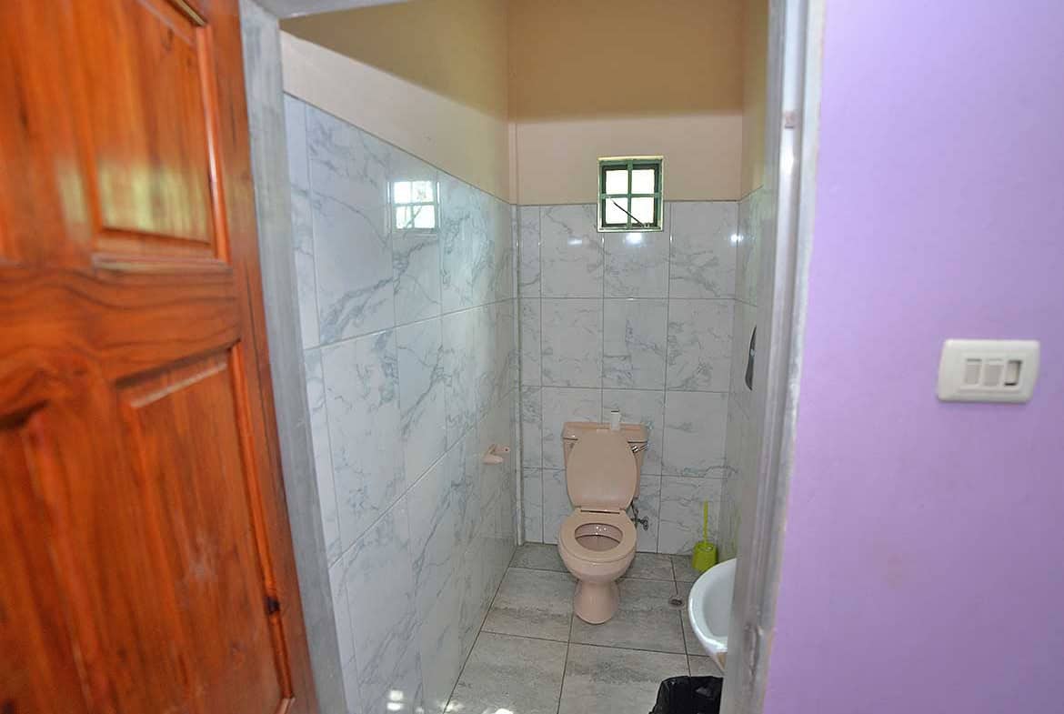 Cornerstone- Small bathroom with toilet and marble walls, window, and purple wall.