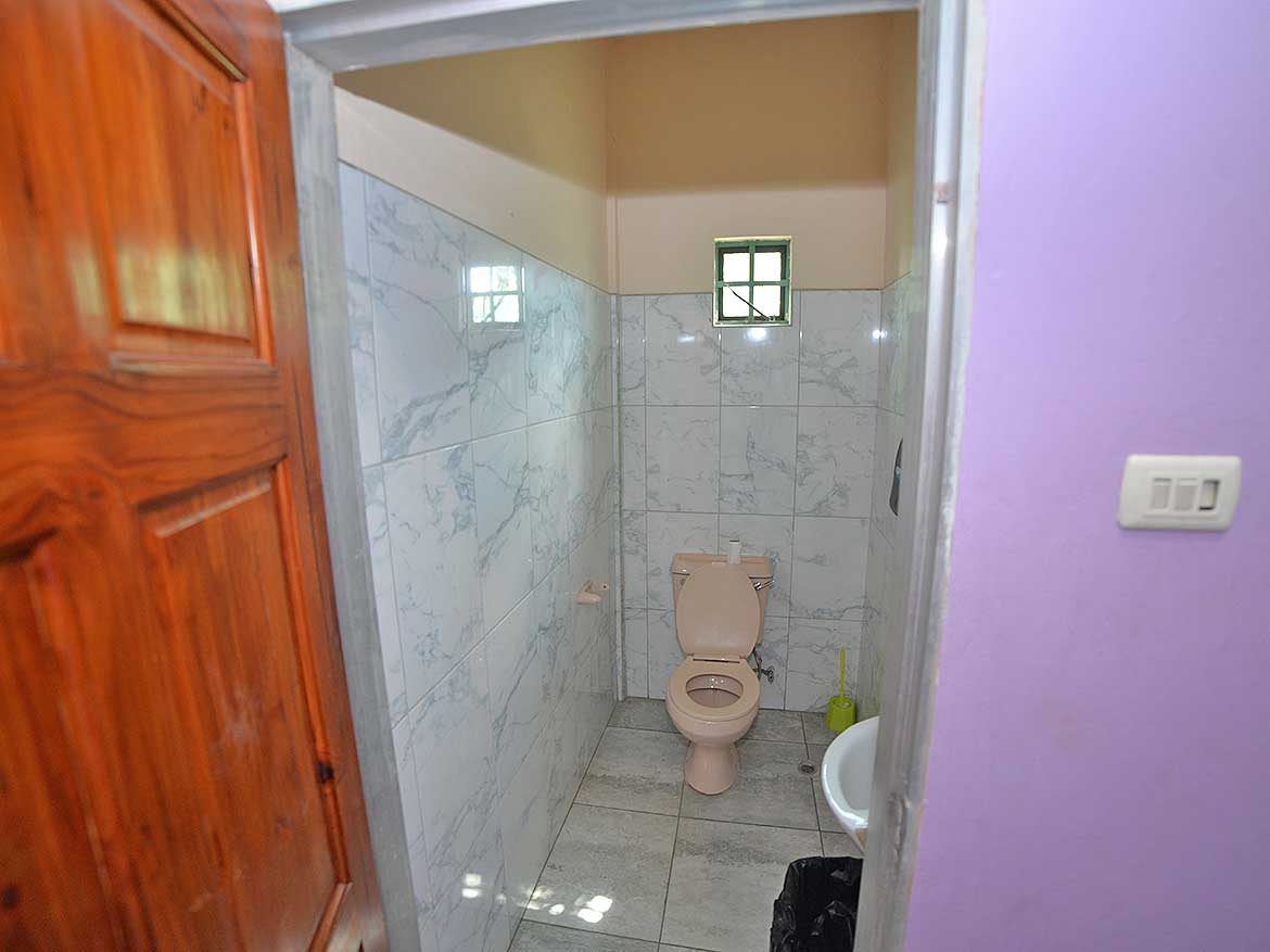 Compact Bathroom with Small Windows Cornerstone- Small bathroom with toilet and marble walls, window, and purple wall.