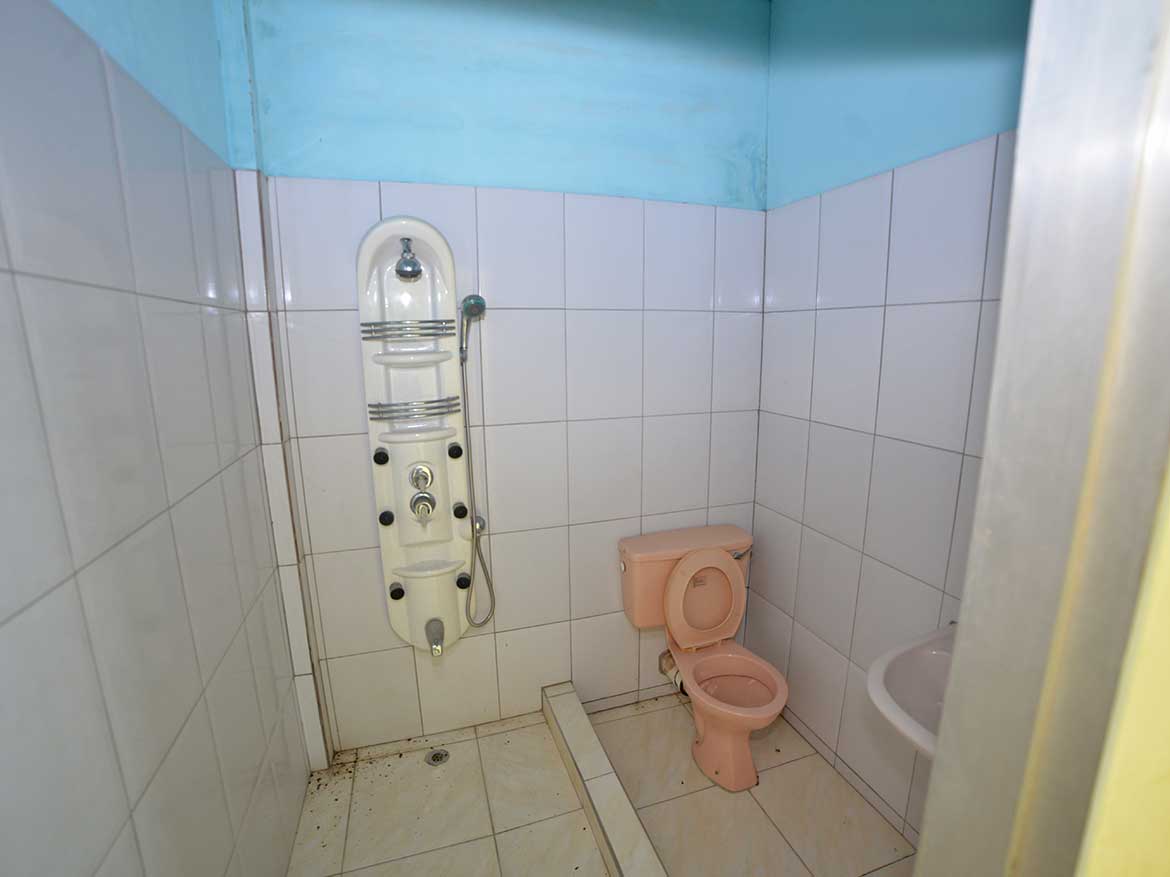 Public Restroom at Bonne Aventure Road Cornerstone- Public restroom with pink toilet and shower area at Bonne Aventure Road.