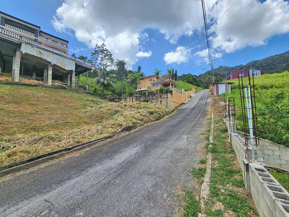 Graceland Heights hillside street view Cornerstone- Hilly street in Graceland Heights with houses and lush greenery.