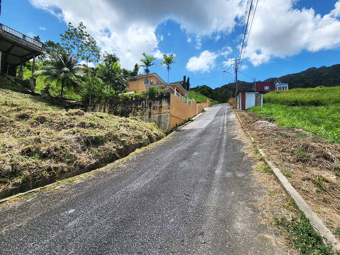 Graceland Heights Residential Road Cornerstone- Steep residential road in Graceland Heights with houses and lush greenery.