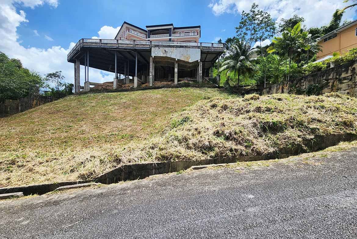 Cornerstone- Modern house on a hill with a large deck and tropical trees.