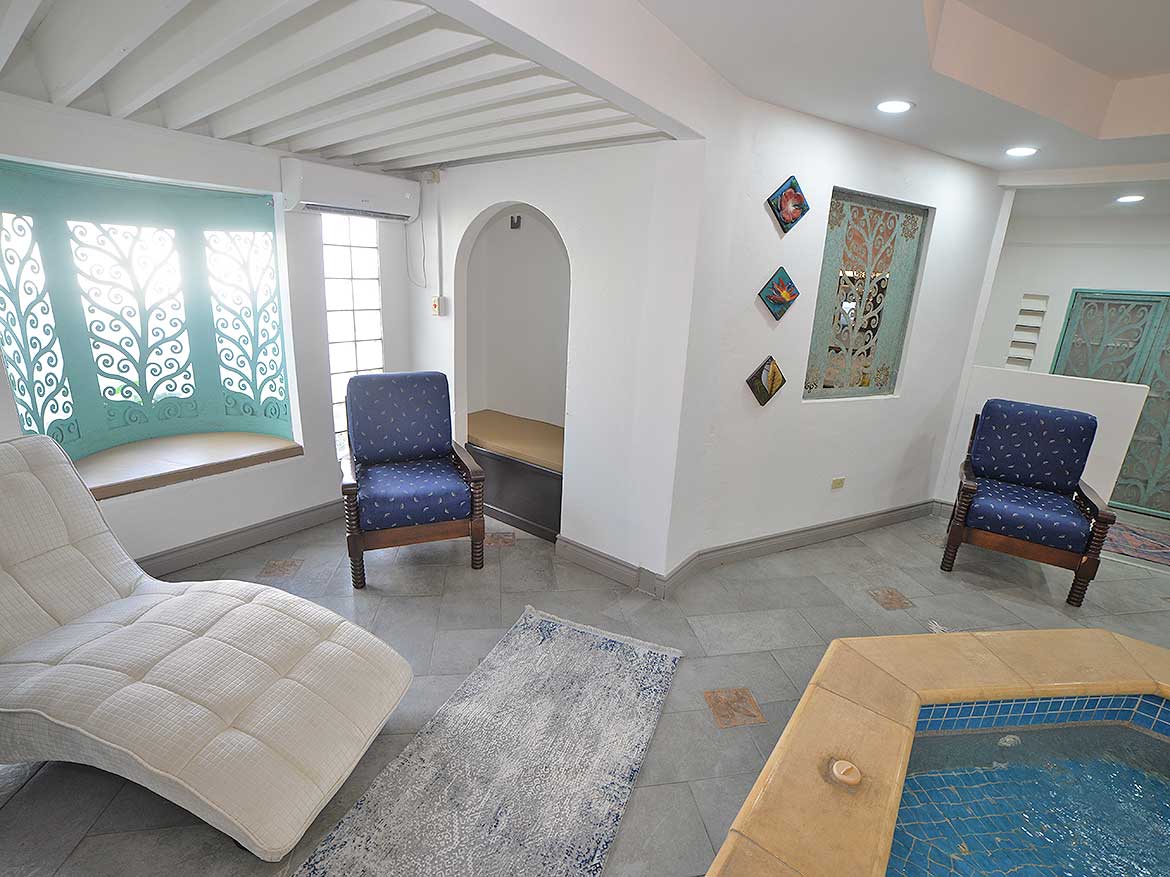 Cozy Living Room with Unique Decor Cornerstone- Bright living room with blue chairs, decorative wall art, and a small pool.