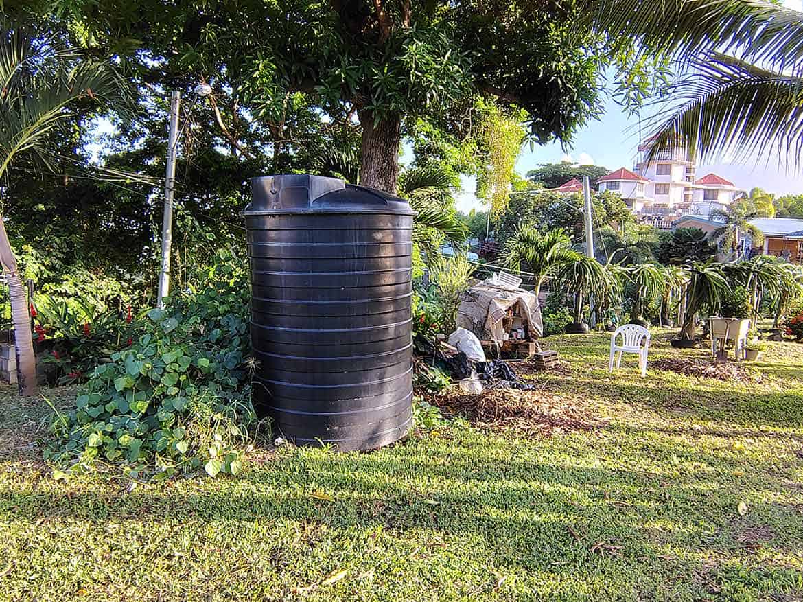Lush Garden with Water Storage Tank Cornerstone- Lush garden with water storage tank and tropical trees in St Augustine.