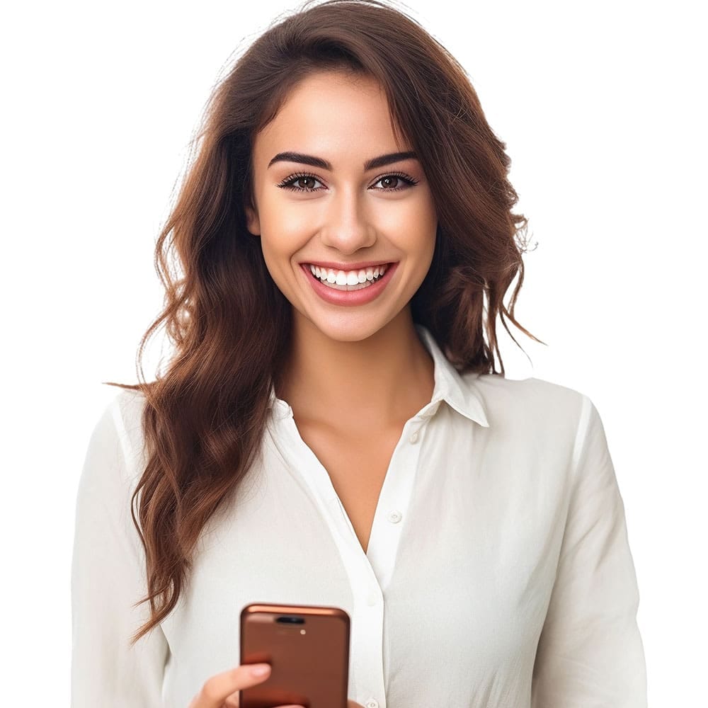 Cornerstone- Happy woman with long brown hair holding a smartphone and smiling at the camera.