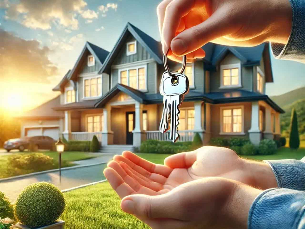 Cornerstone- Person handing over house keys in front of a large modern home.