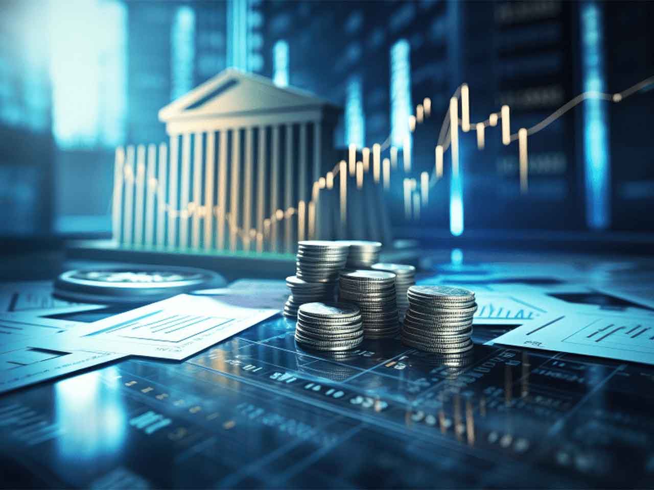 Cornerstone- Stacks of coins and financial charts showing economic growth.