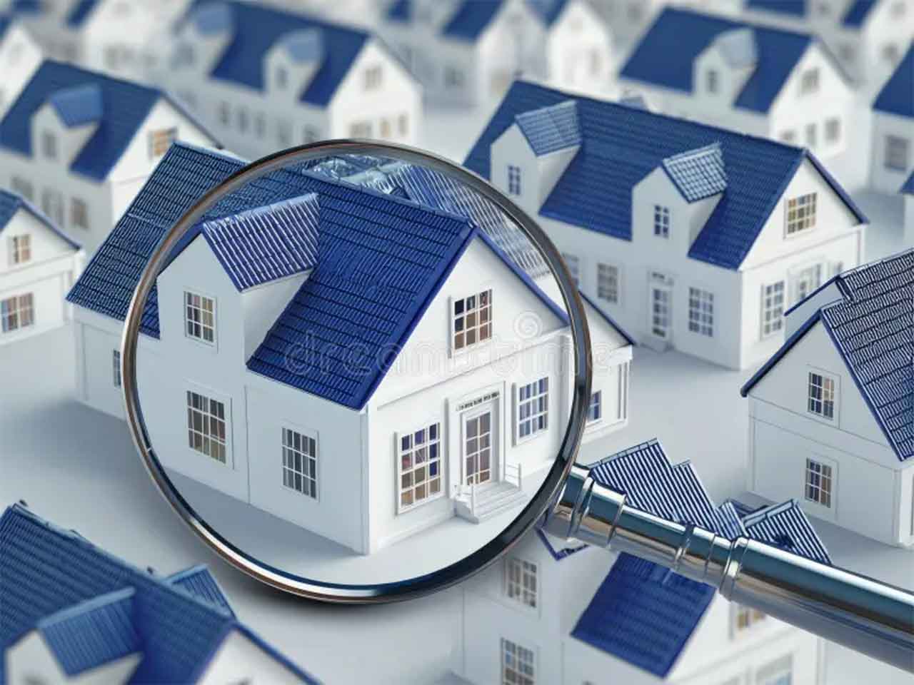 Cornerstone- Magnifying glass over model houses for property inspection.
