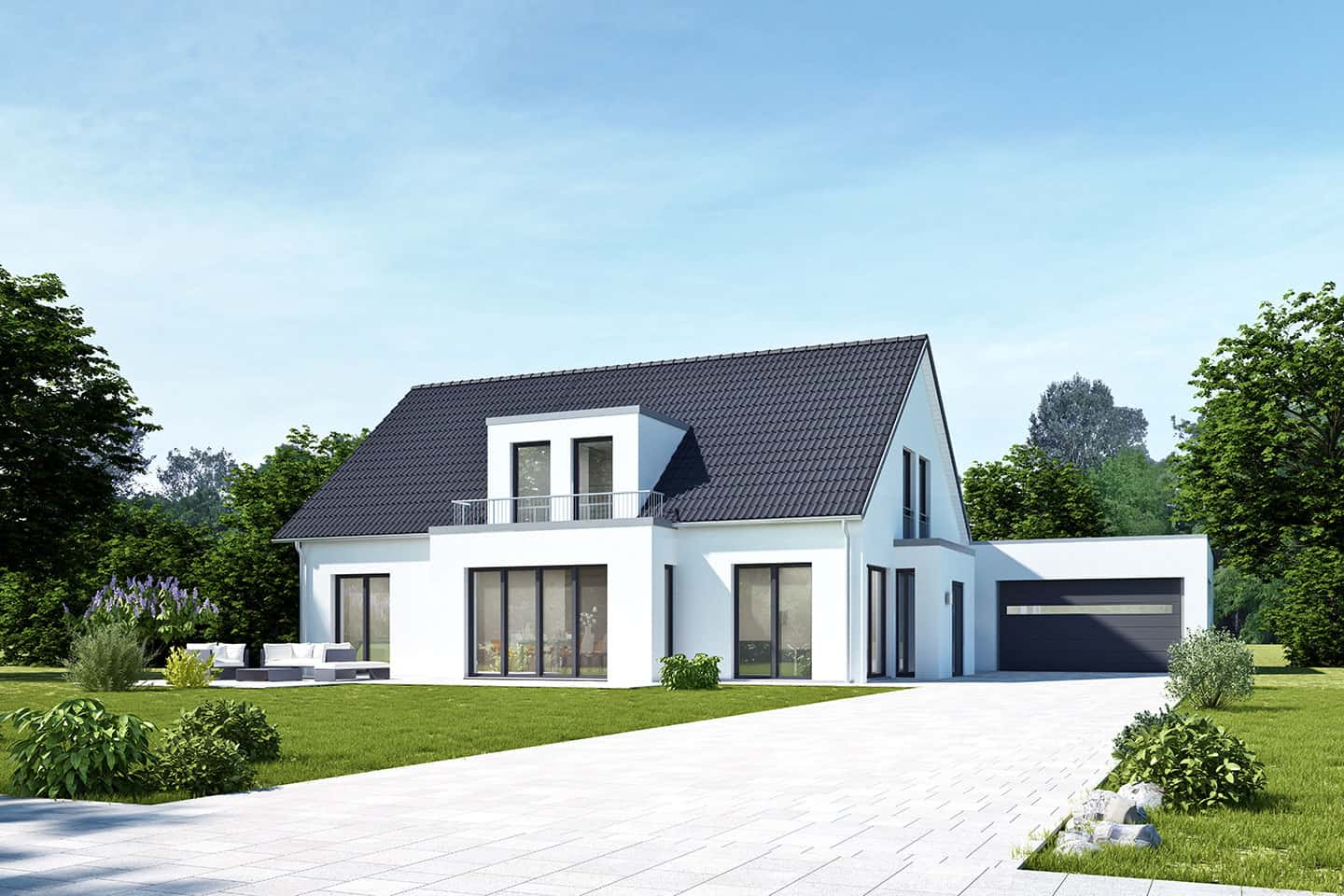 Cornerstone- Contemporary white house with large windows and attached garage.