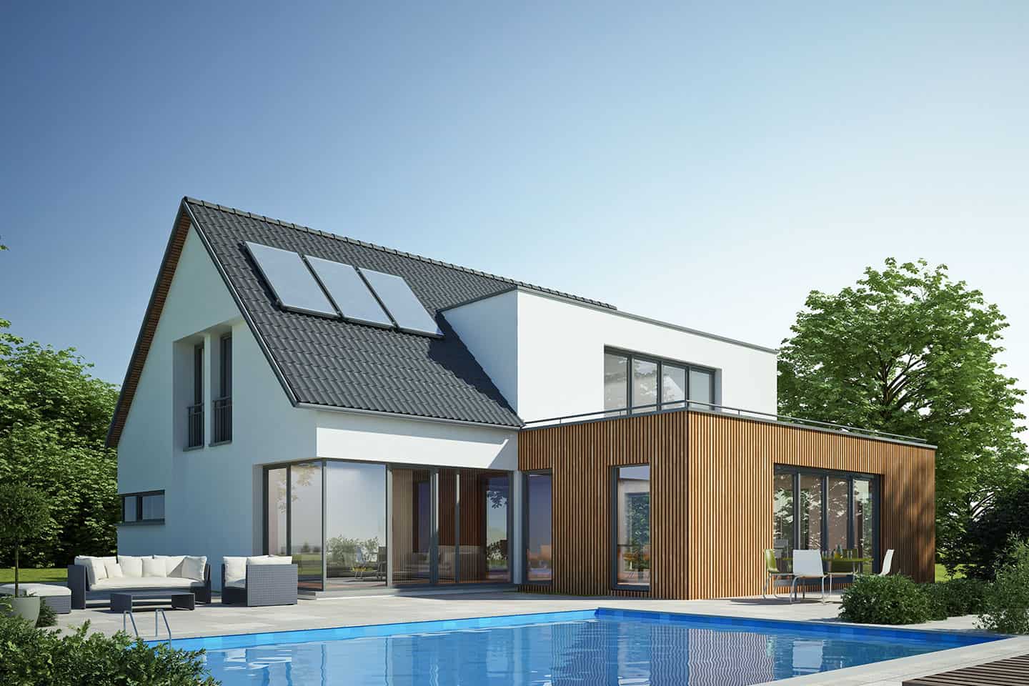 Cornerstone- Contemporary house with solar panels, pool, and outdoor seating area.