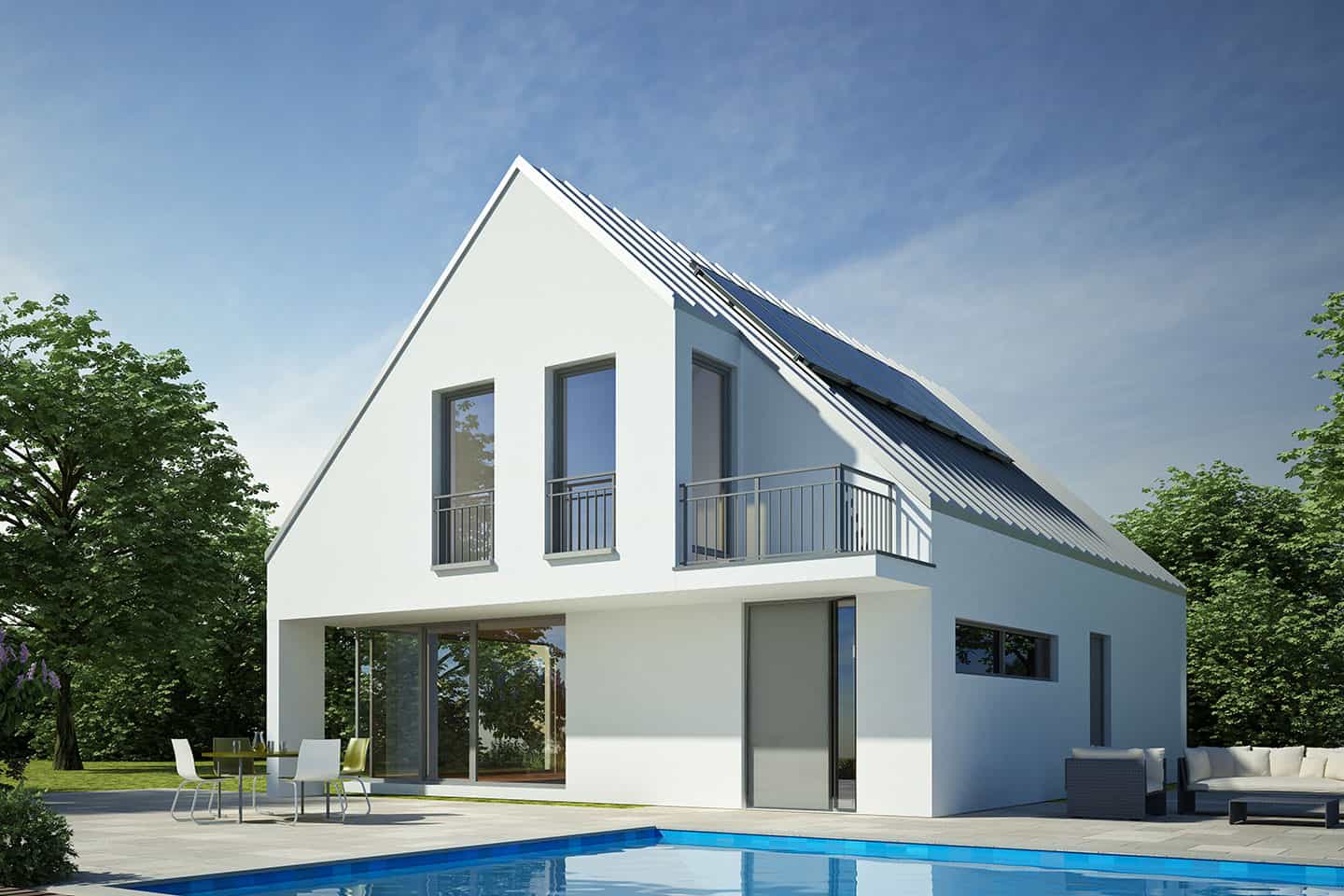 Cornerstone- Contemporary white house with solar panels and outdoor pool in a lush setting.