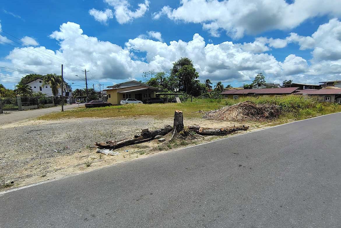 Cornerstone- View of Ajim Baksh Road with trees and houses under a cloudy sky.