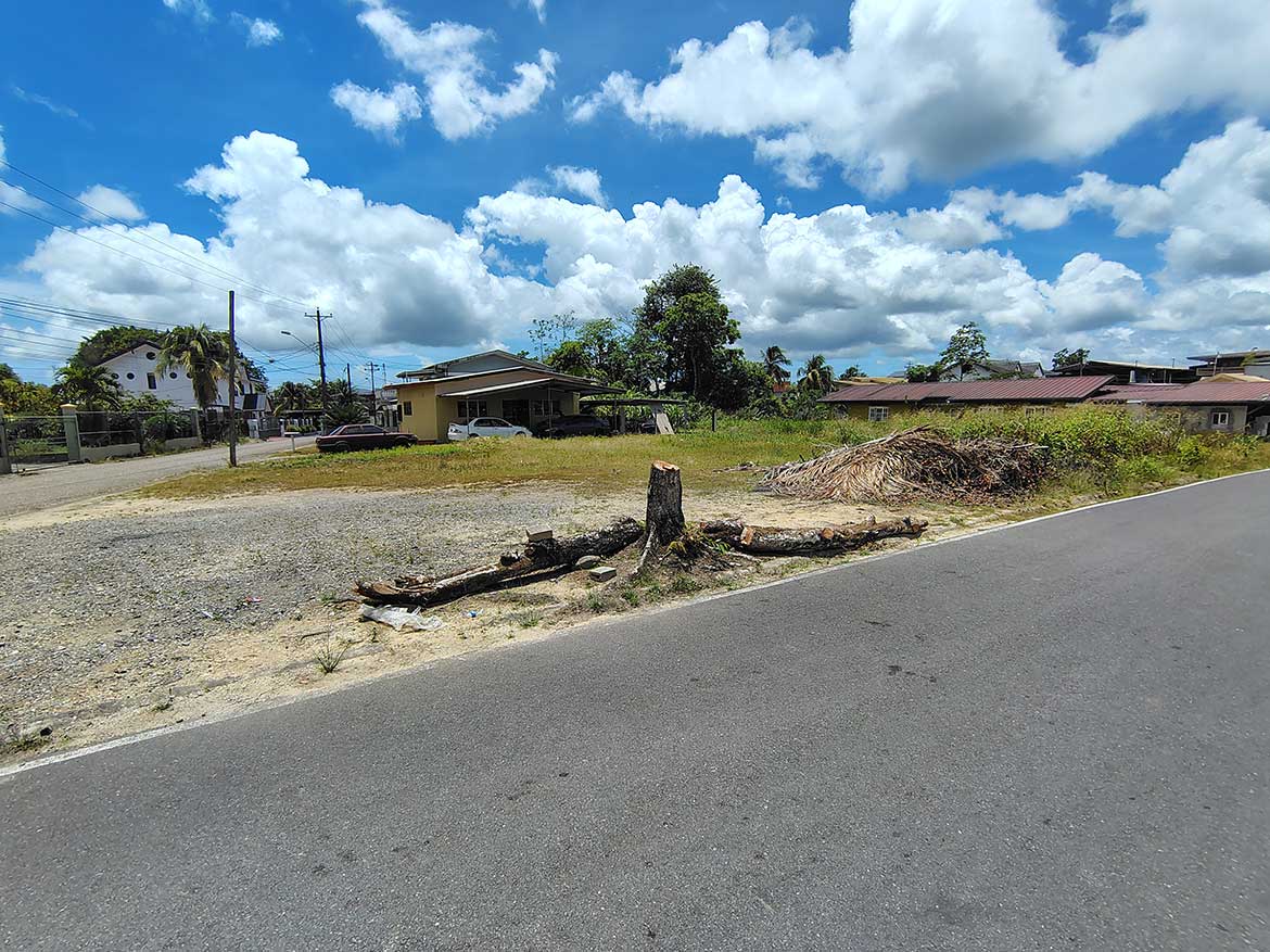 Off Ajim Baksh Road Scene Cornerstone- View of Ajim Baksh Road with trees and houses under a cloudy sky.