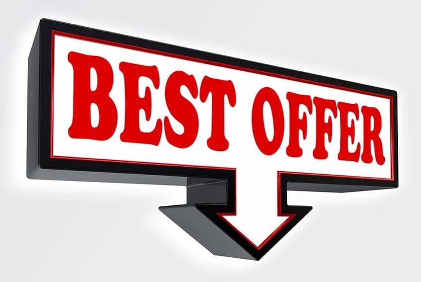 Cornerstone- Best offer sign with bold red text and arrow for marketing promotions.