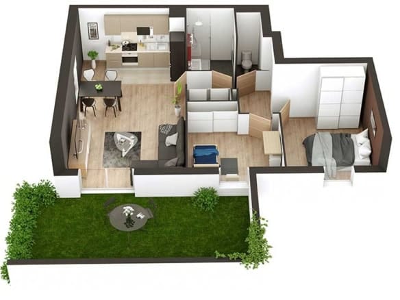 Cornerstone- 3D floor plan of a modern apartment with garden view.