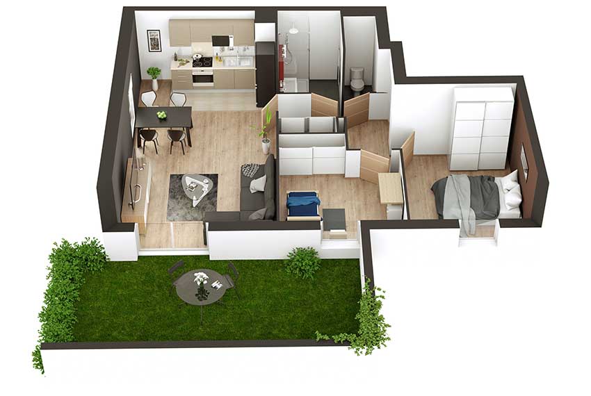 Cornerstone- 3D floor plan of a modern apartment with garden view.