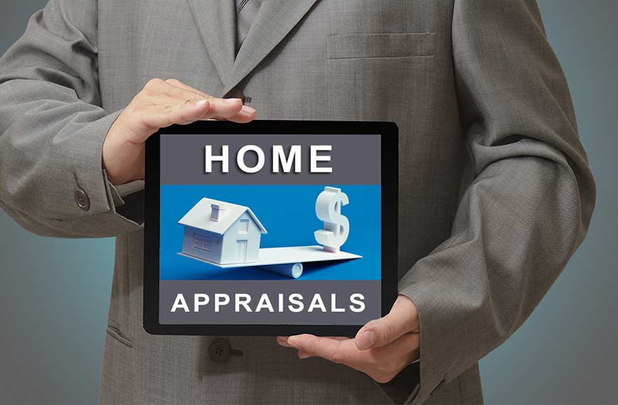 Cornerstone- Person holding tablet with home and dollar sign for home appraisal.