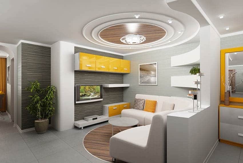 Cornerstone- Contemporary living room with white and yellow accents and modern furniture.