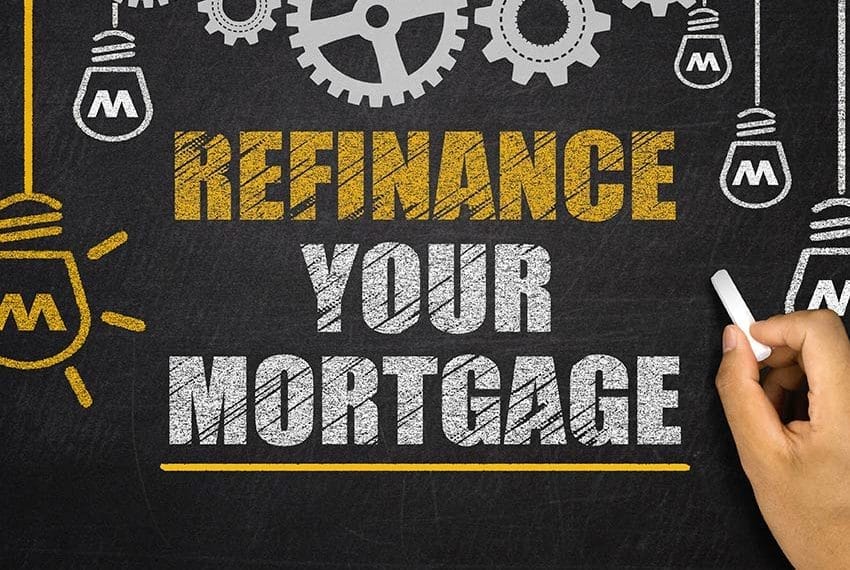 Cornerstone- Hand writing 'Refinance Your Mortgage' on blackboard with gears and lightbulb icons.