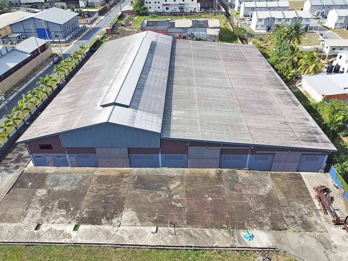e TecK Building at O’meara Cornerstone- Aerial view of e TecK industrial building in O'meara, Trinidad and Tobago.