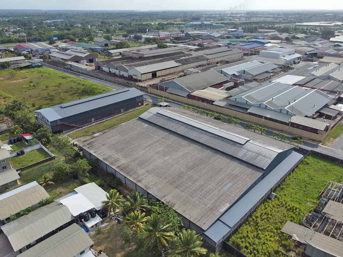 Industrial Warehouse at O’meara Cornerstone- Aerial view of industrial warehouse complex in O'meara, Trinidad and Tobago.