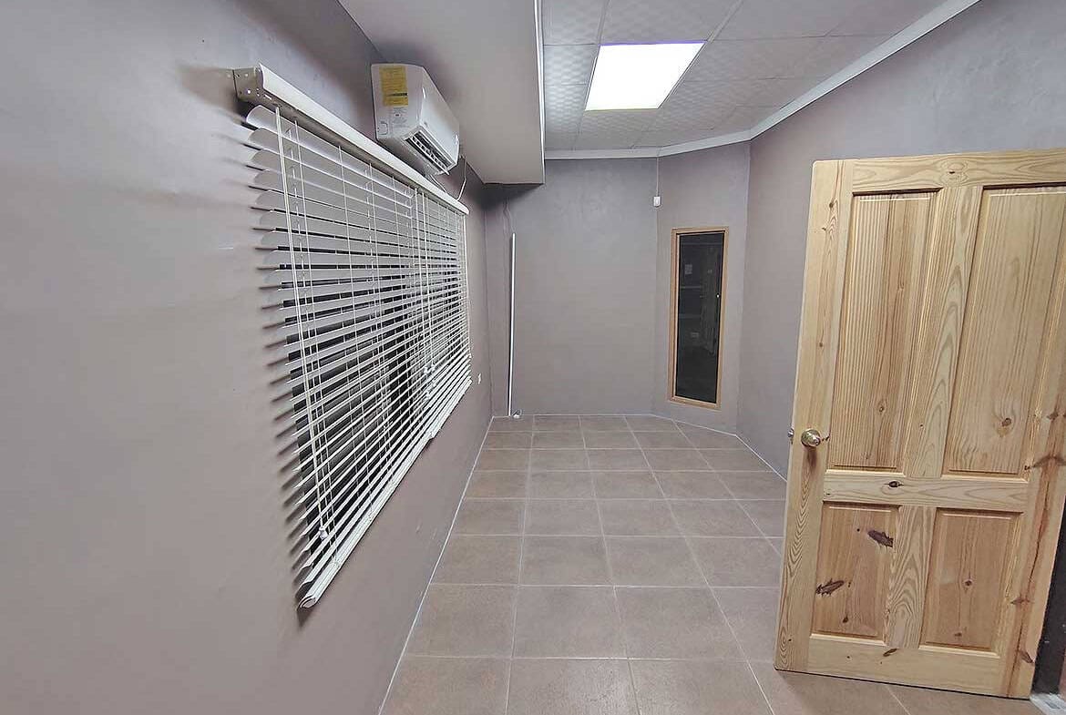 Cornerstone- Interior view of e TecK Building in O'meara with window and wooden door.