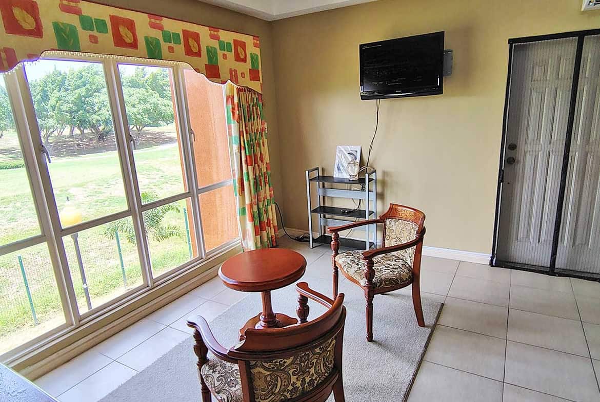 Bright living room with large window, TV, and vintage chairs at EastGate on the Greens.