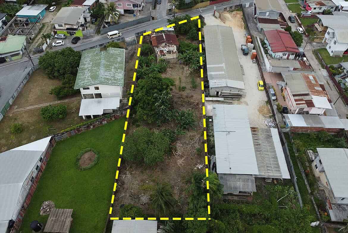 Cornerstone- Aerial view of a property on St Lucien Road with outlined boundaries.