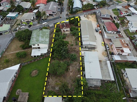 Cornerstone- Aerial view of a property on St Lucien Road with outlined boundaries.