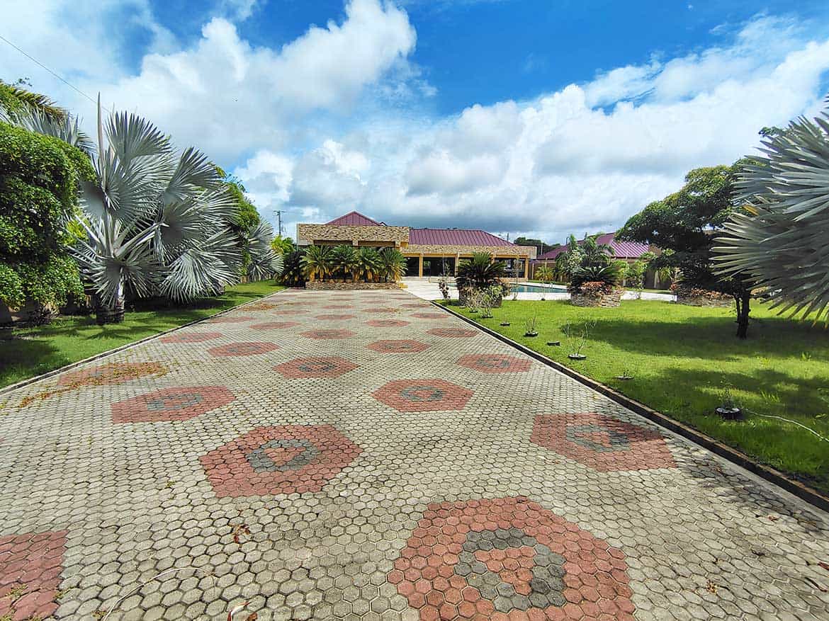 Ella Vista Gardens Entrance Beautiful driveway leading to Ella Vista Gardens with lush greenery and tropical plants.