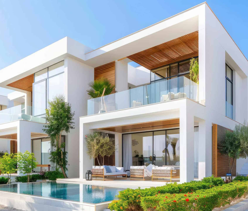 Cornerstone- Contemporary villa with pool, balcony, and lush garden in a sunny setting.